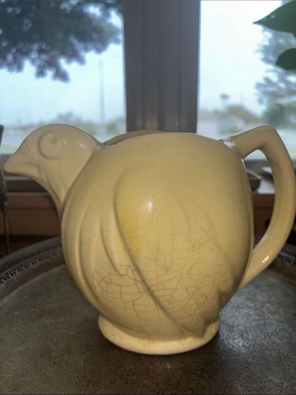 Cream Ceramic Bird Pitcher with Crackle Glaze